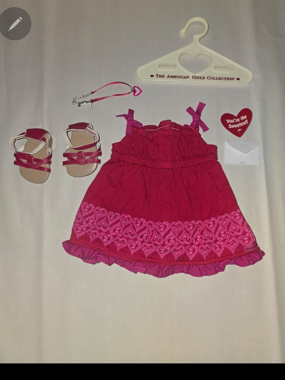 American Girl Hot Pink Heart Border Sundress with Matching Sandals & Accessories